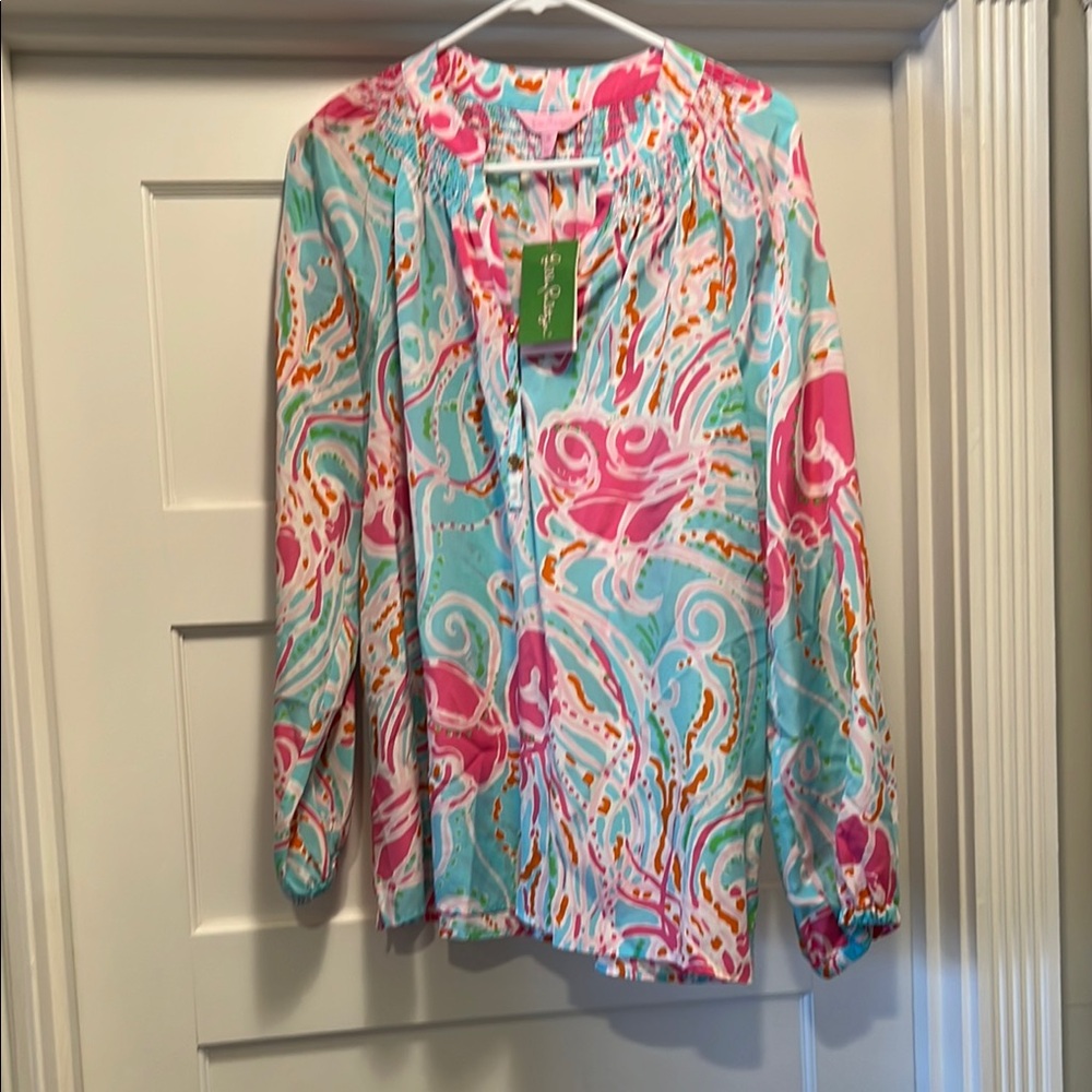 Lilly Pulitzer Blue Graphic Long Sleeve Blouse